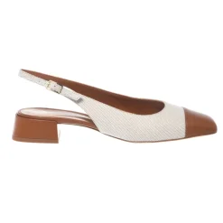 Beżowe czółenka slingback z skóry nappa i écru płótna