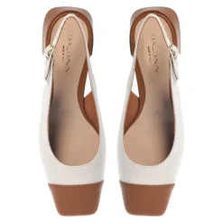 Beżowe czółenka slingback z skóry nappa i écru płótna