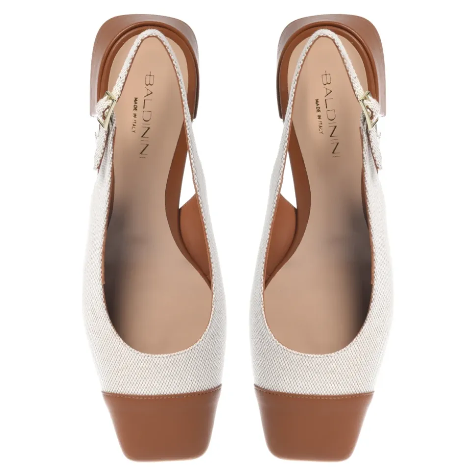Beżowe czółenka slingback z skóry nappa i écru płótna