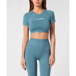 Bezszwowy Krótki T-shirt z Dekoltem V i Logo SS