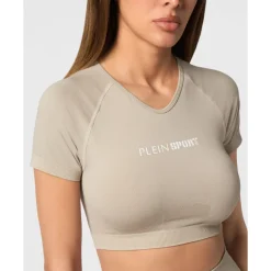 Bezszwowy krótki T-shirt z dekoltem V