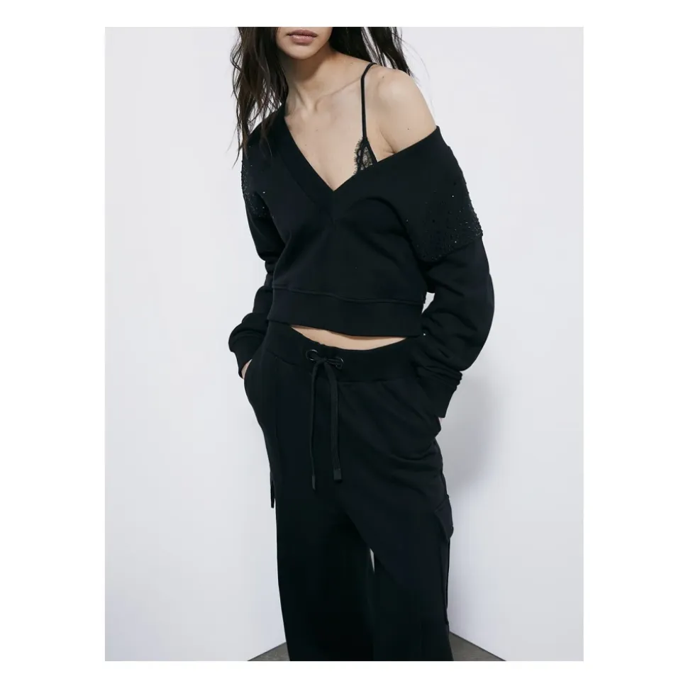 Bluza z Dekoltem w Serek i Dżetami