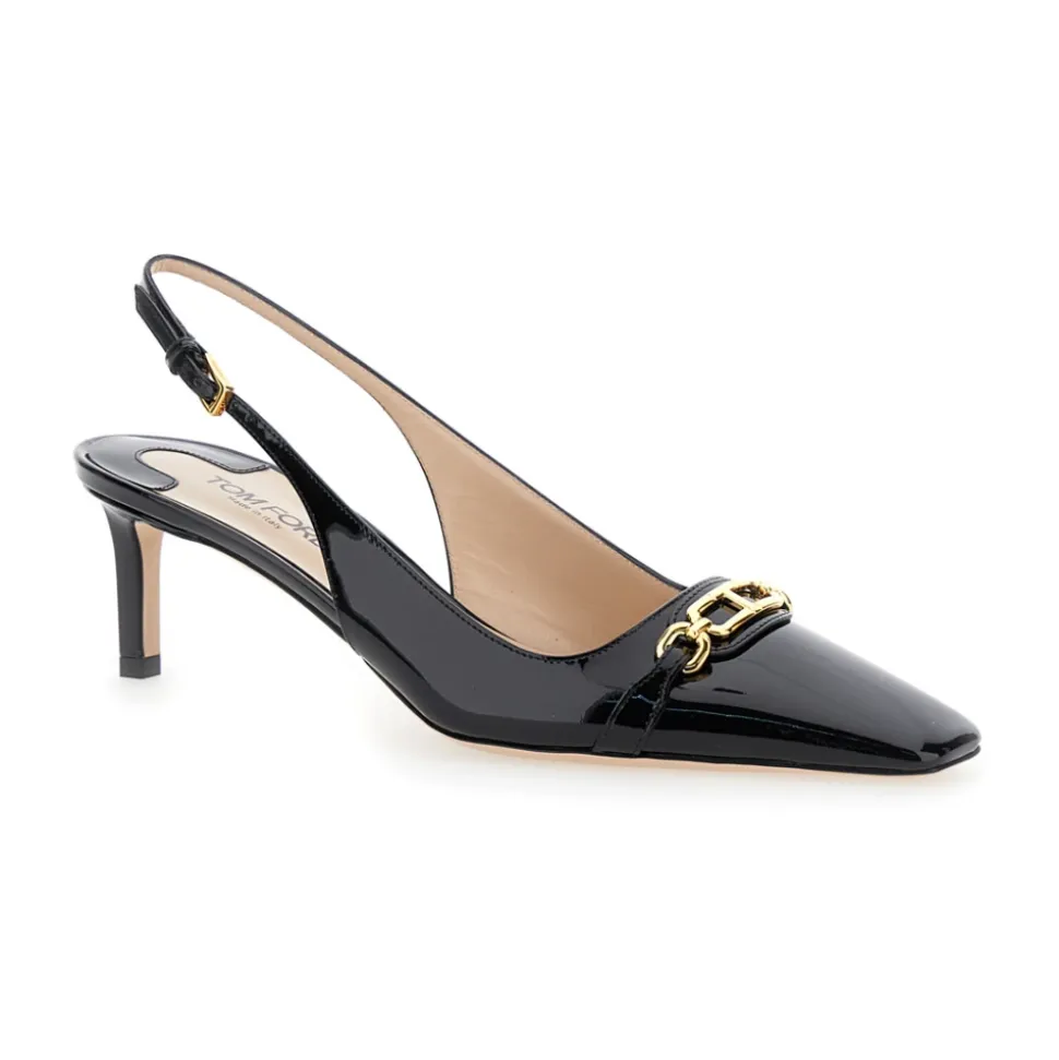 Czarne Lakierowane Czółenka Slingback