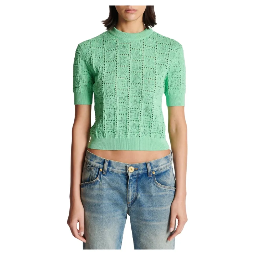 Dzianinowy sweter z ażurowym monogramem
