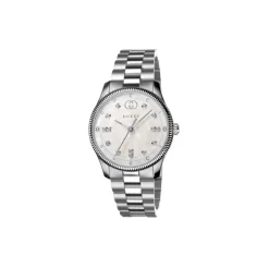 G-Timeless 29 mm stalowa koperta, biala perlowa tarcza z i napisem, indeksy diamentow, stalowy bransoletka