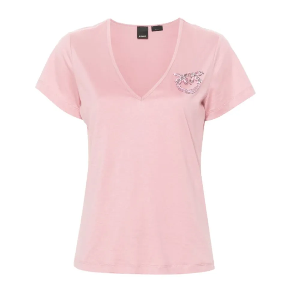 Haftowany T-shirt z dekoltem w serek