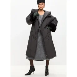 Oversized Płaszcz Puffer z Kapturem i Mankietami ze Sztucznego Futra - Szary