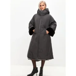 Oversized Płaszcz Puffer z Kapturem i Mankietami ze Sztucznego Futra - Szary