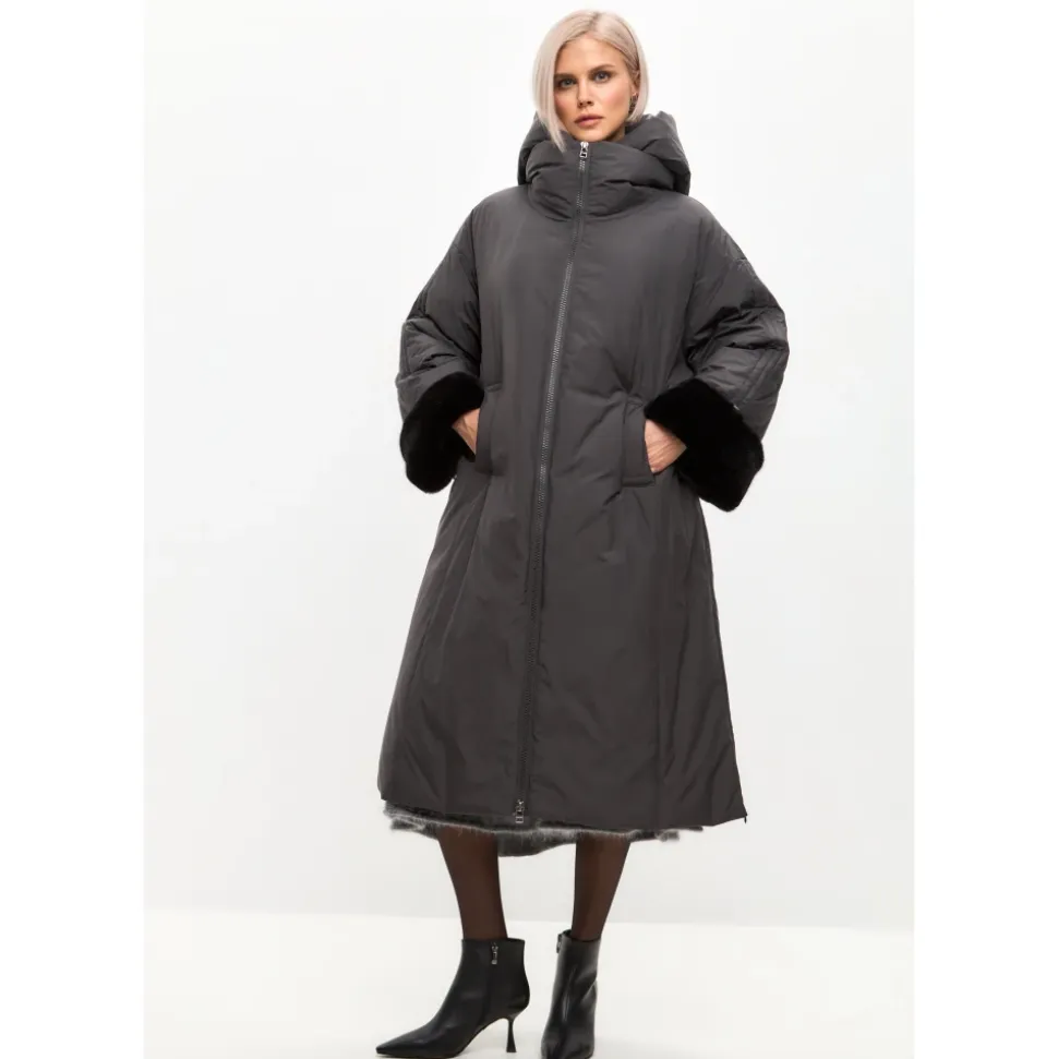 Oversized Płaszcz Puffer z Kapturem i Mankietami ze Sztucznego Futra - Szary