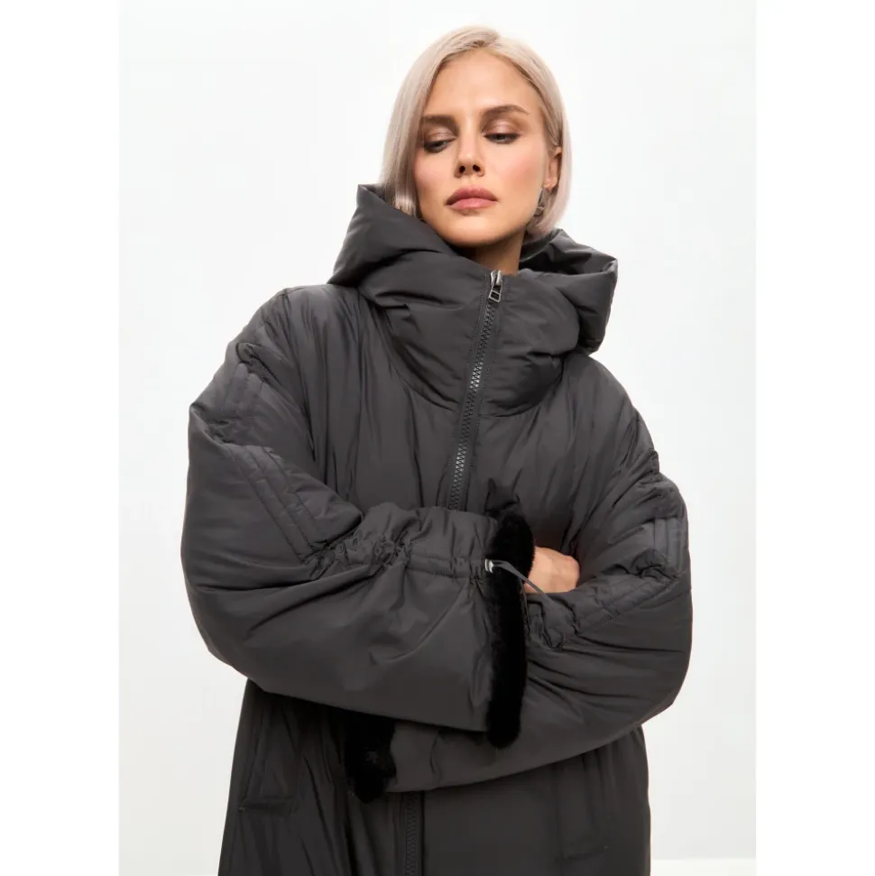 Oversized Płaszcz Puffer z Kapturem i Mankietami ze Sztucznego Futra - Szary