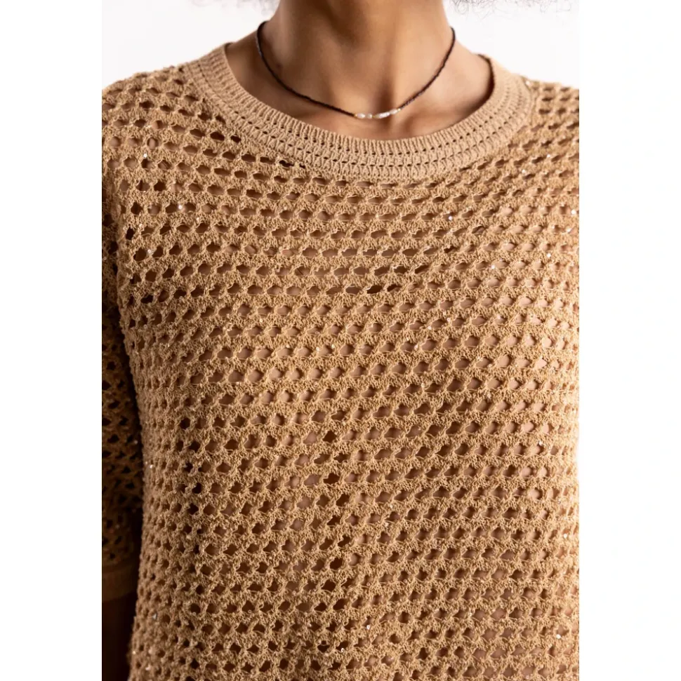 Sweter z krótkim rękawem z ażurowej dzianiny