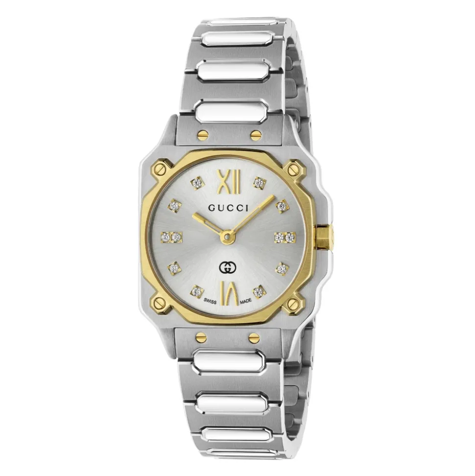 YA166503 - G-Flat 24mm stalowa koperta ze stali nierdzewnej z 18-karatowym pozłacanym bezel i śrubami; Srebrna galwanizowana tarcza z rzymskimi indeksami o godzinie 12 i 6 oraz indeksami diamentowymi; Bransoleta ze stali nierdzewnej