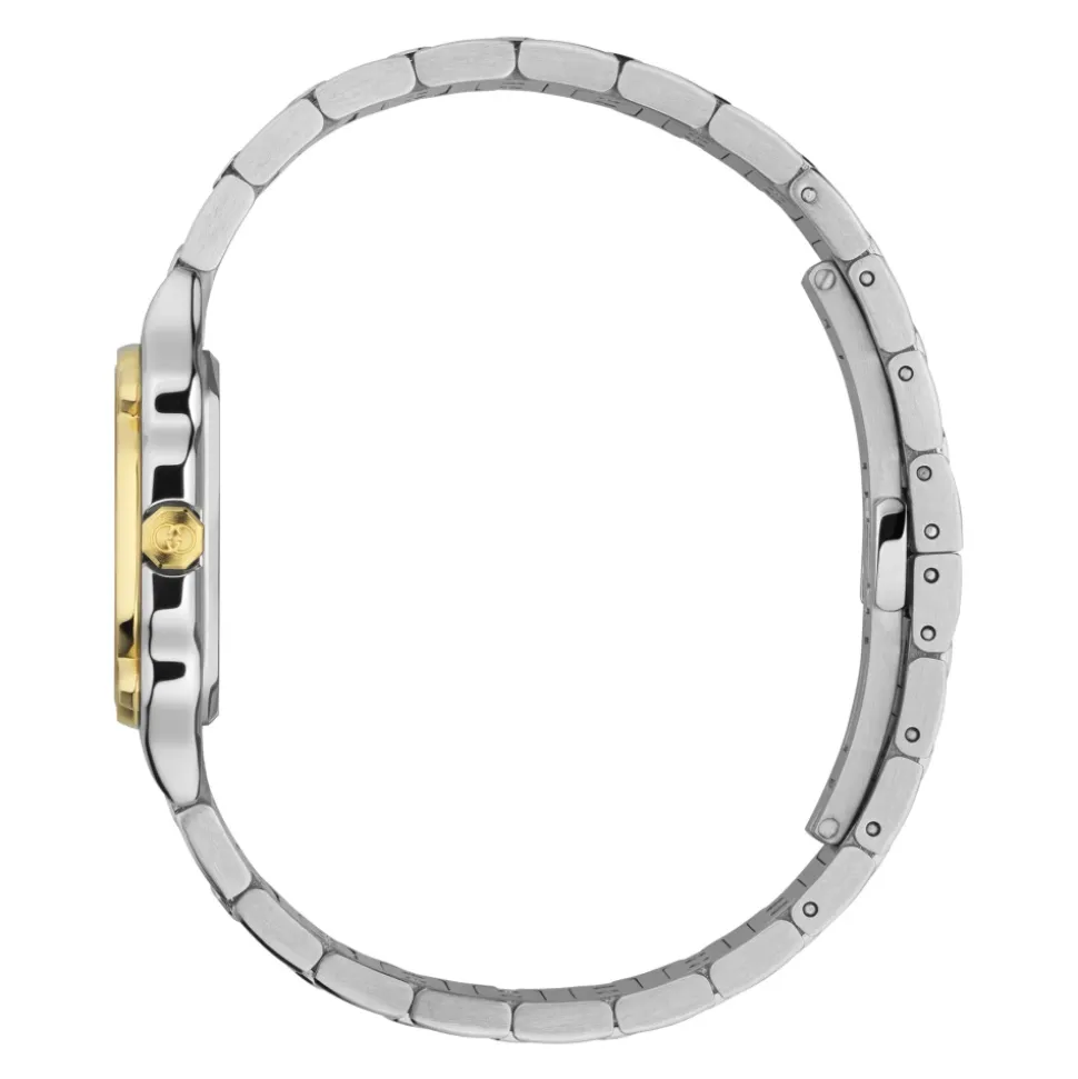 YA166503 - G-Flat 24mm stalowa koperta ze stali nierdzewnej z 18-karatowym pozłacanym bezel i śrubami; Srebrna galwanizowana tarcza z rzymskimi indeksami o godzinie 12 i 6 oraz indeksami diamentowymi; Bransoleta ze stali nierdzewnej